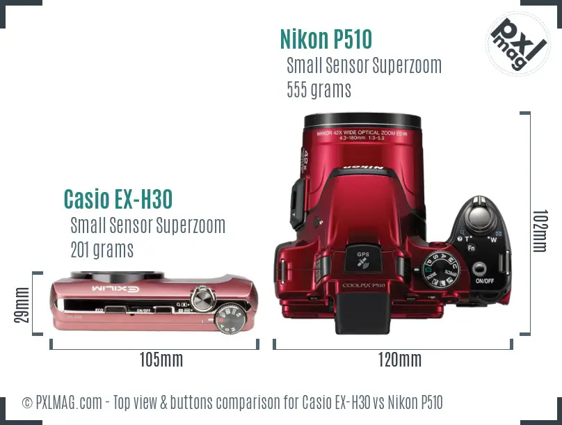 Casio EX-H30 vs Nikon P510 top view buttons comparison Casio EX-H30 vs Nikon P510 top view buttons comparison