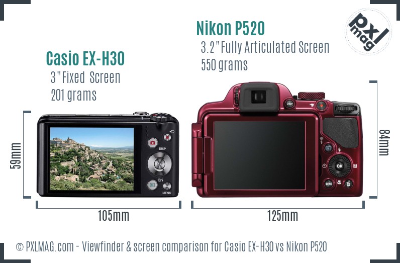 Casio EX-H30 vs Nikon P520 Screen and Viewfinder comparison
