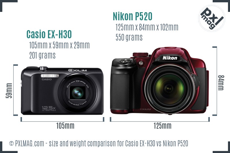 Casio EX-H30 vs Nikon P520 size comparison