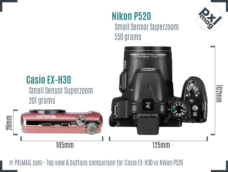Casio EX-H30 vs Nikon P520 top view buttons comparison