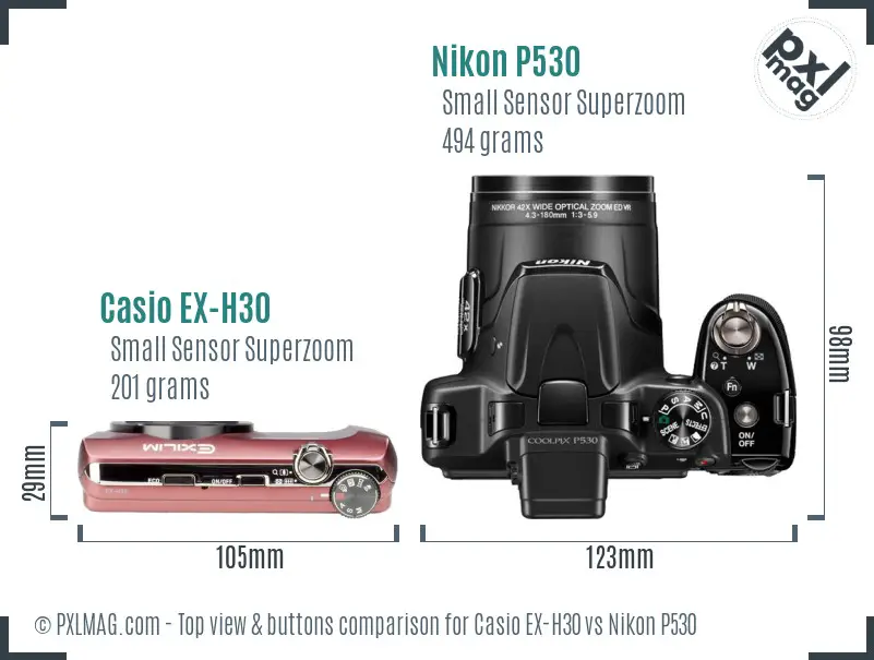 Casio EX-H30 vs Nikon P530 top view buttons comparison Casio EX-H30 vs Nikon P530 top view buttons comparison