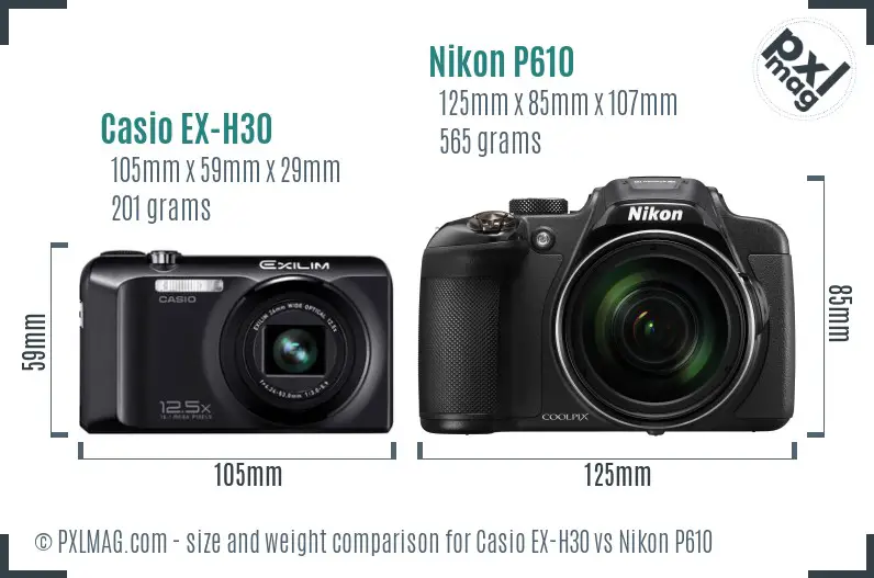 Casio EX-H30 vs Nikon P610 size comparison