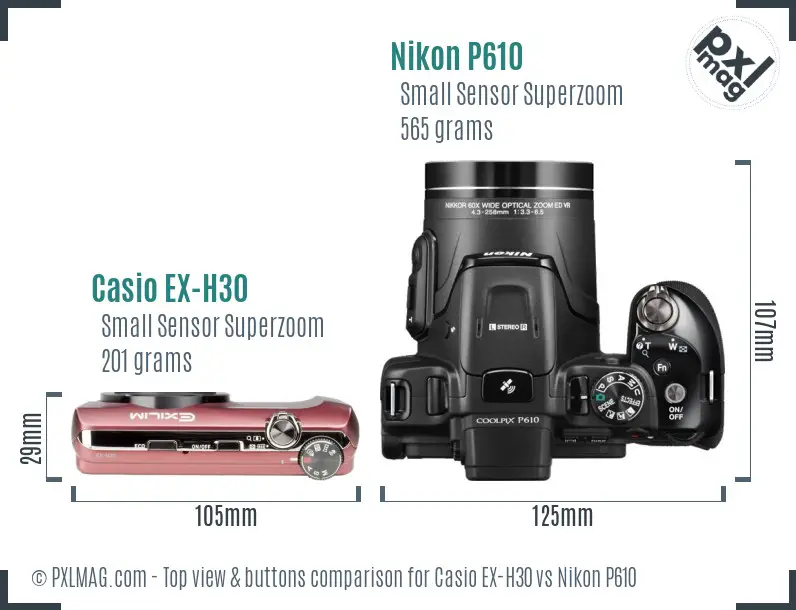Casio EX-H30 vs Nikon P610 top view buttons comparison