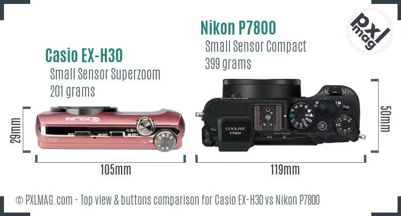 Casio EX-H30 vs Nikon P7800 top view buttons comparison Casio EX-H30 vs Nikon P7800 top view buttons comparison