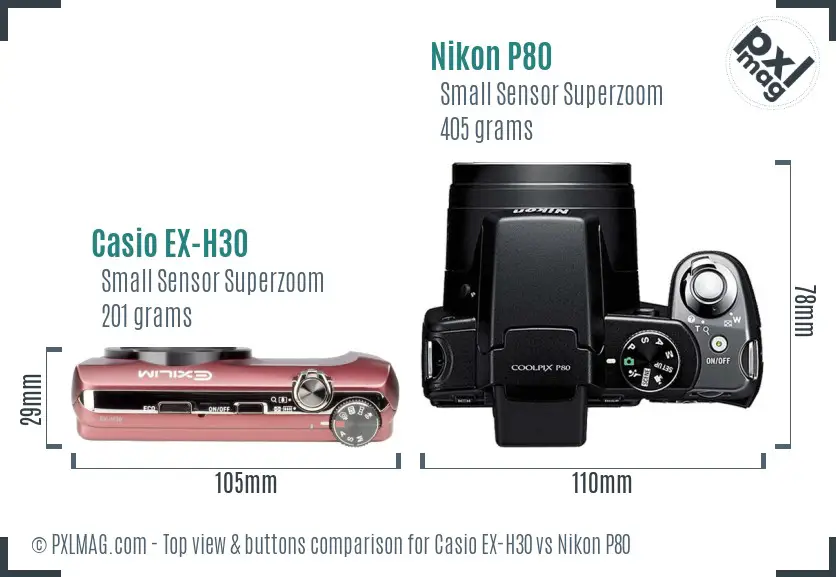 Casio EX-H30 vs Nikon P80 top view buttons comparison