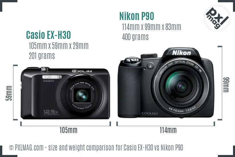 Casio EX-H30 vs Nikon P90 size comparison