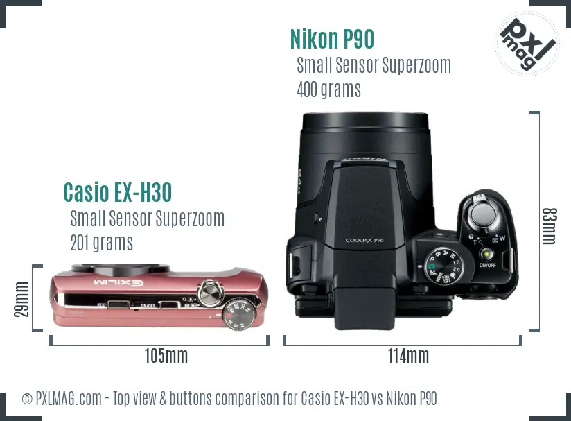Casio EX-H30 vs Nikon P90 top view buttons comparison