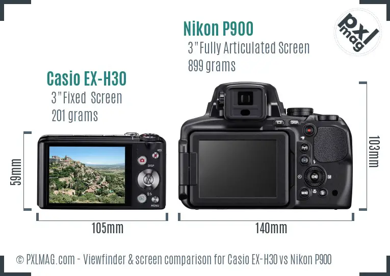 Casio EX-H30 vs Nikon P900 Screen and Viewfinder comparison