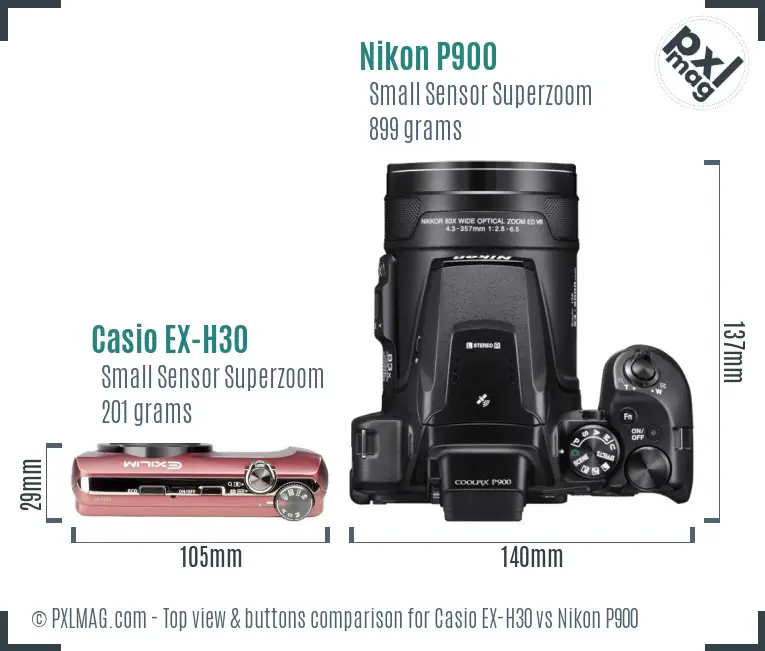 Casio EX-H30 vs Nikon P900 top view buttons comparison