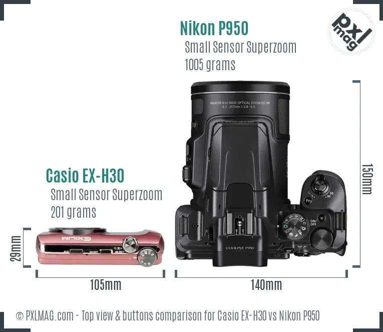 Casio EX-H30 vs Nikon P950 top view buttons comparison