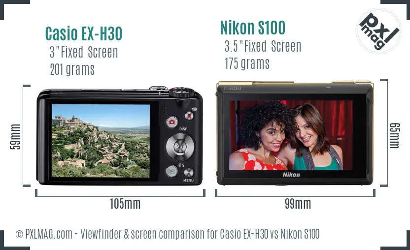 Casio EX-H30 vs Nikon S100 Screen and Viewfinder comparison