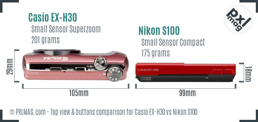Casio EX-H30 vs Nikon S100 top view buttons comparison