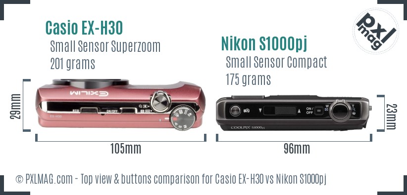 Casio EX-H30 vs Nikon S1000pj top view buttons comparison