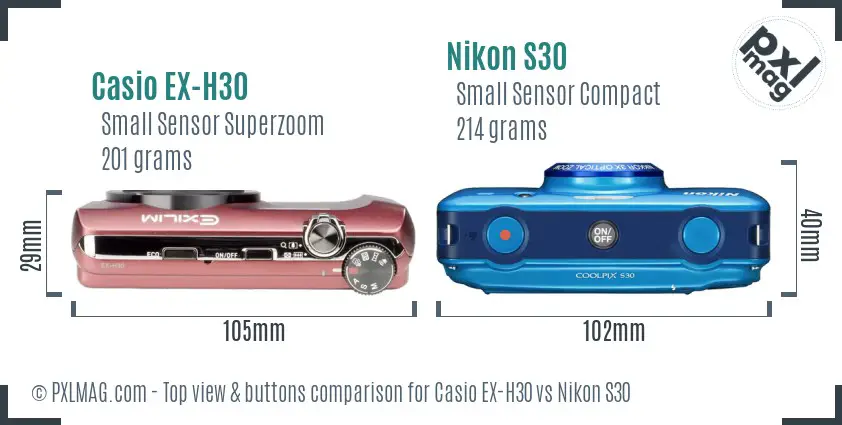 Casio EX-H30 vs Nikon S30 top view buttons comparison Casio EX-H30 vs Nikon S30 top view buttons comparison