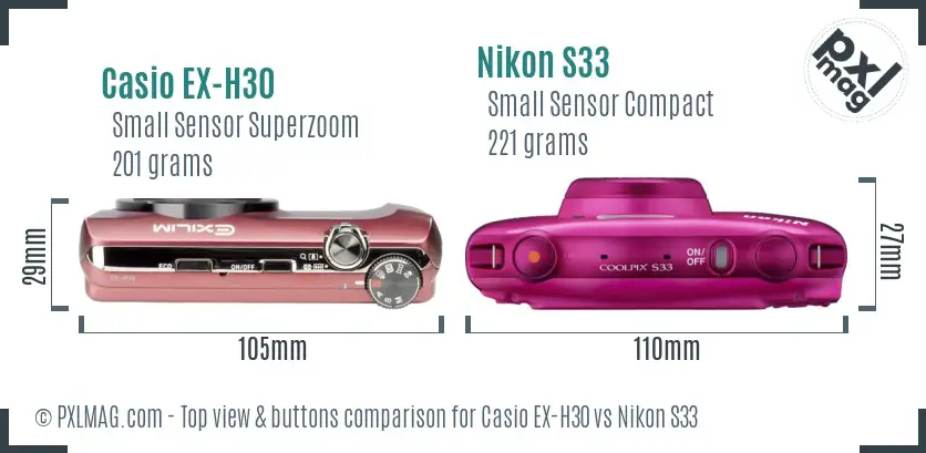 Casio EX-H30 vs Nikon S33 top view buttons comparison