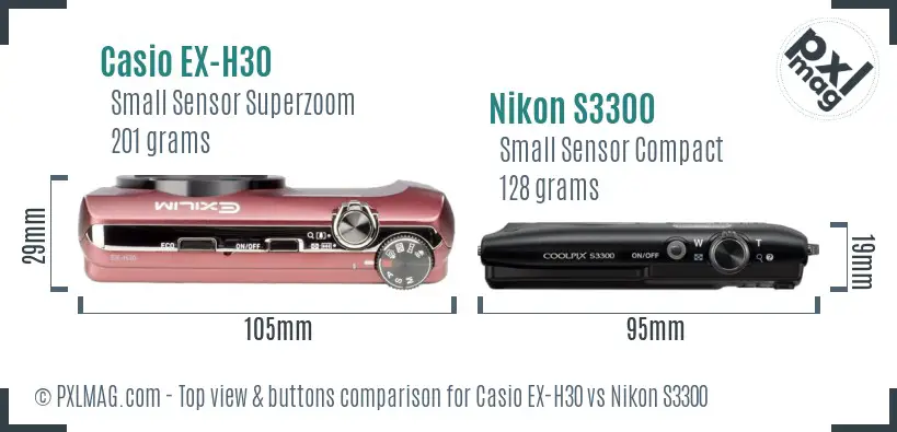 Casio EX-H30 vs Nikon S3300 top view buttons comparison Casio EX-H30 vs Nikon S3300 top view buttons comparison