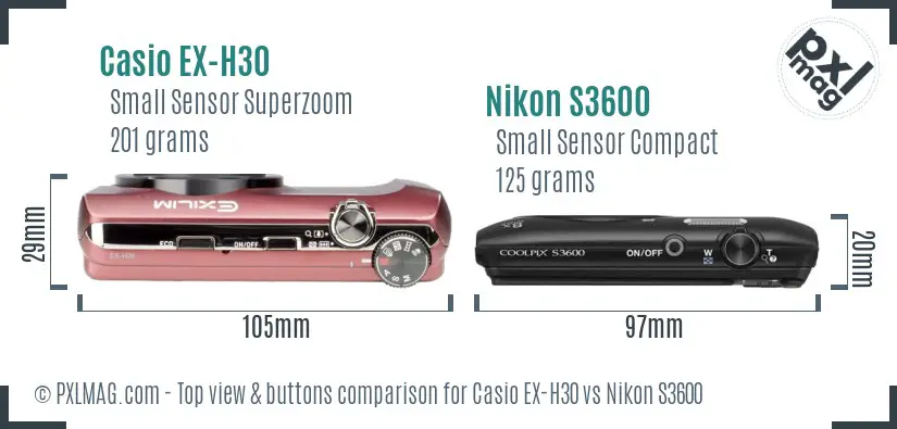 Casio EX-H30 vs Nikon S3600 top view buttons comparison