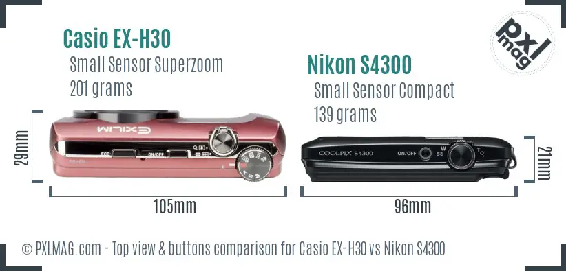 Casio EX-H30 vs Nikon S4300 top view buttons comparison Casio EX-H30 vs Nikon S4300 top view buttons comparison