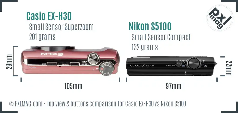 Casio EX-H30 vs Nikon S5100 top view buttons comparison Casio EX-H30 vs Nikon S5100 top view buttons comparison