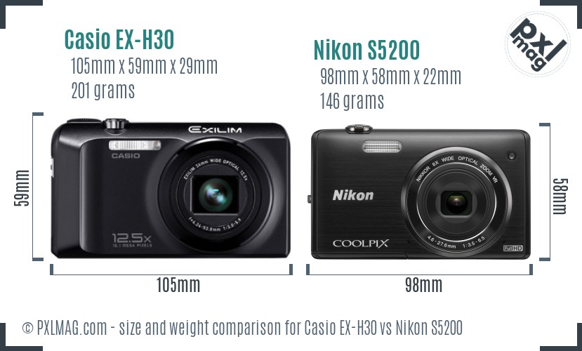 Casio EX-H30 vs Nikon S5200 size comparison