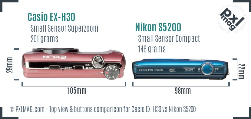 Casio EX-H30 vs Nikon S5200 top view buttons comparison