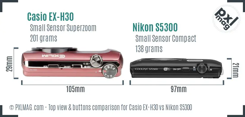 Casio EX-H30 vs Nikon S5300 top view buttons comparison Casio EX-H30 vs Nikon S5300 top view buttons comparison