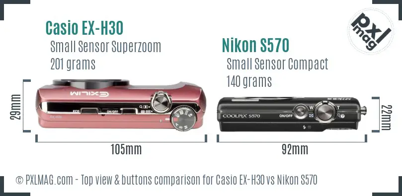 Casio EX-H30 vs Nikon S570 top view buttons comparison