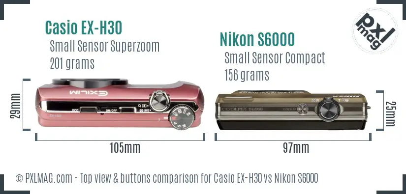 Casio EX-H30 vs Nikon S6000 top view buttons comparison Casio EX-H30 vs Nikon S6000 top view buttons comparison