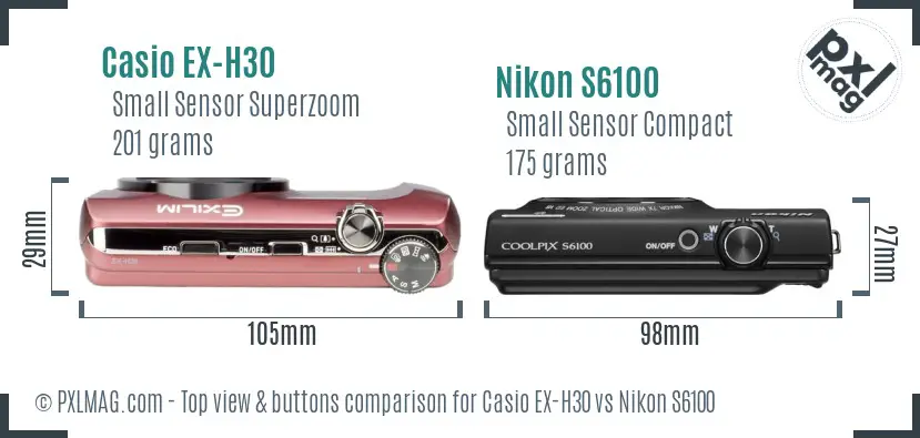 Casio EX-H30 vs Nikon S6100 top view buttons comparison