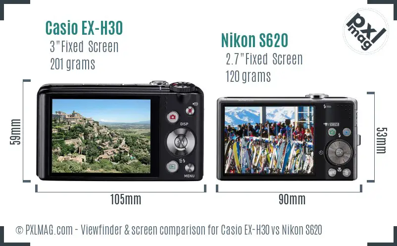 Casio EX-H30 vs Nikon S620 Screen and Viewfinder comparison