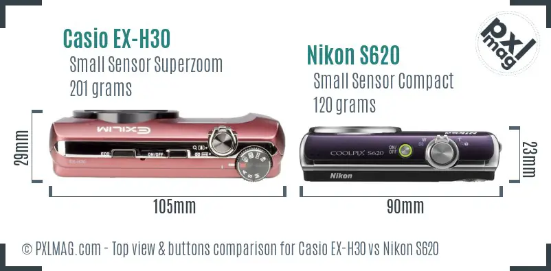 Casio EX-H30 vs Nikon S620 top view buttons comparison