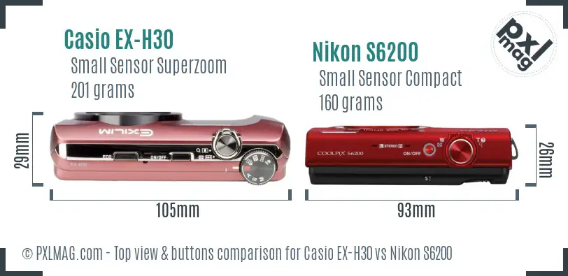 Casio EX-H30 vs Nikon S6200 top view buttons comparison