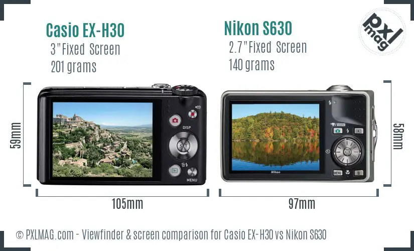 Casio EX-H30 vs Nikon S630 Screen and Viewfinder comparison