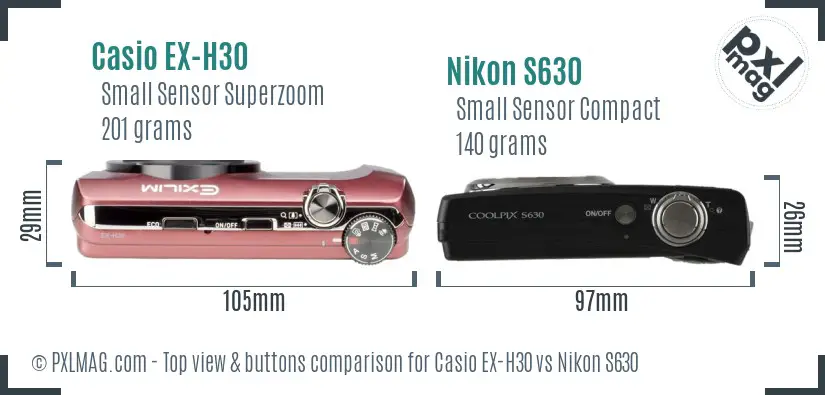 Casio EX-H30 vs Nikon S630 top view buttons comparison