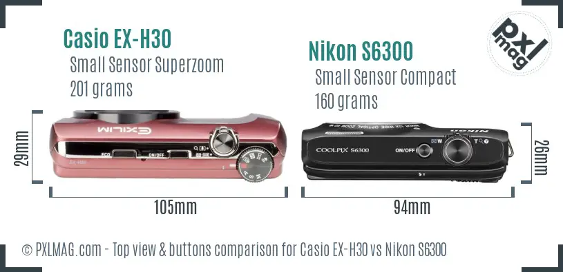 Casio EX-H30 vs Nikon S6300 top view buttons comparison