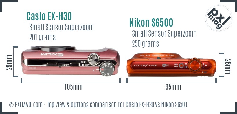 Casio EX-H30 vs Nikon S6500 top view buttons comparison