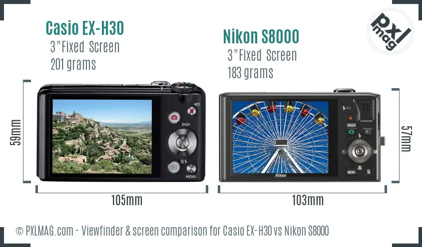 Casio EX-H30 vs Nikon S8000 Screen and Viewfinder comparison