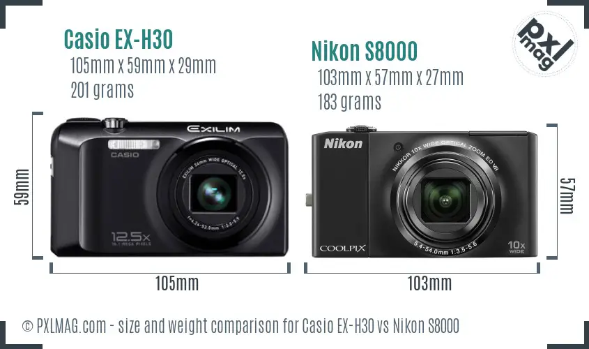 Casio EX-H30 vs Nikon S8000 size comparison