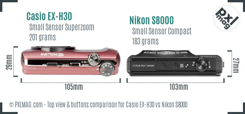 Casio EX-H30 vs Nikon S8000 top view buttons comparison
