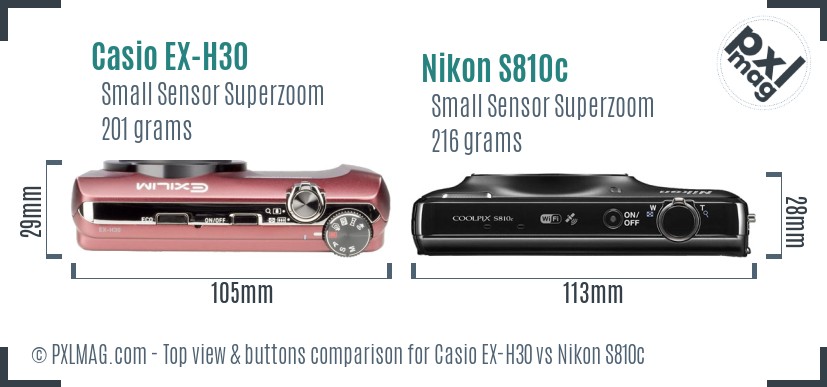 Casio EX-H30 vs Nikon S810c top view buttons comparison