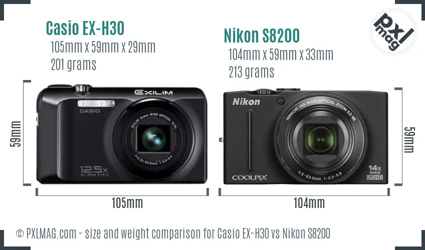 Casio EX-H30 vs Nikon S8200 size comparison
