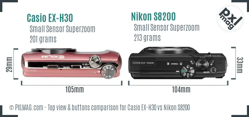 Casio EX-H30 vs Nikon S8200 top view buttons comparison