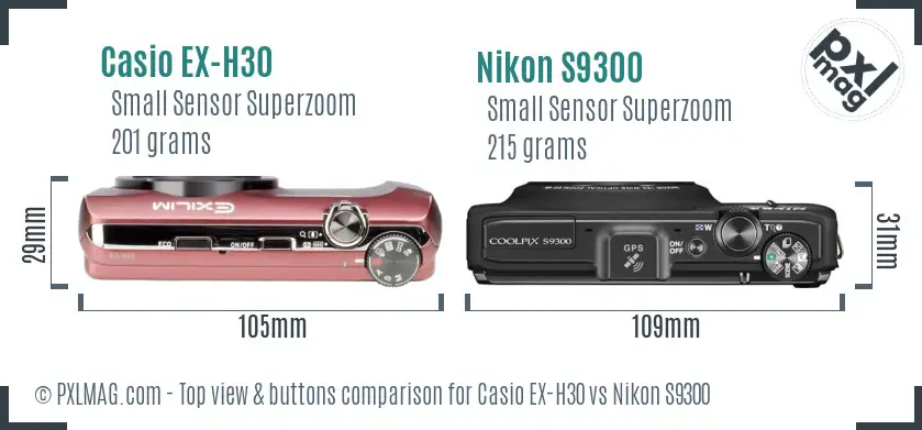 Casio EX-H30 vs Nikon S9300 top view buttons comparison