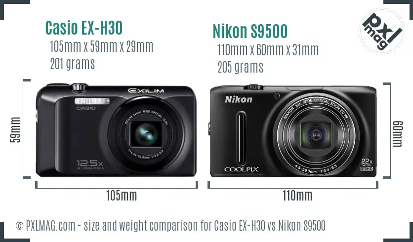 Casio EX-H30 vs Nikon S9500 size comparison Casio EX-H30 vs Nikon S9500 size comparison