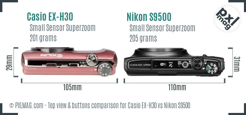 Casio EX-H30 vs Nikon S9500 top view buttons comparison Casio EX-H30 vs Nikon S9500 top view buttons comparison