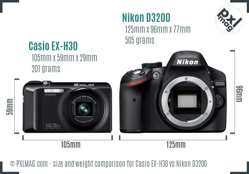 Casio EX-H30 vs Nikon D3200 size comparison