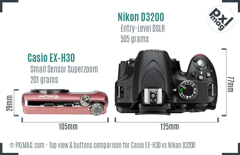 Casio EX-H30 vs Nikon D3200 top view buttons comparison