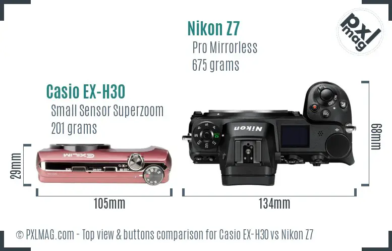 Casio EX-H30 vs Nikon Z7 top view buttons comparison