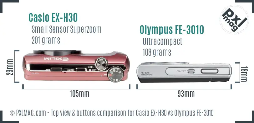 Casio EX-H30 vs Olympus FE-3010 top view buttons comparison