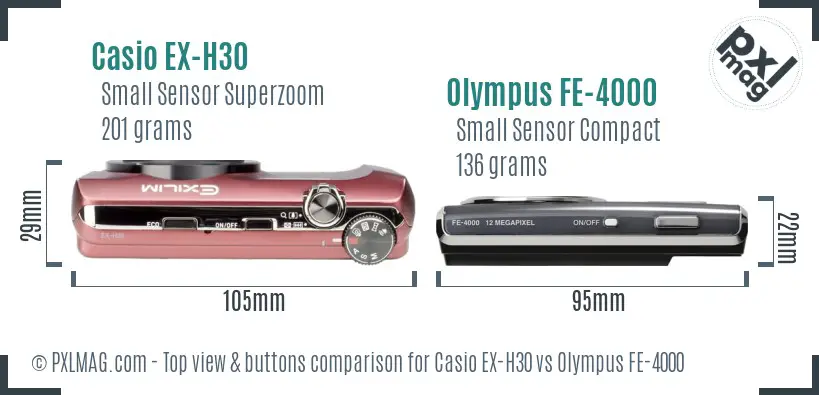 Casio EX-H30 vs Olympus FE-4000 top view buttons comparison